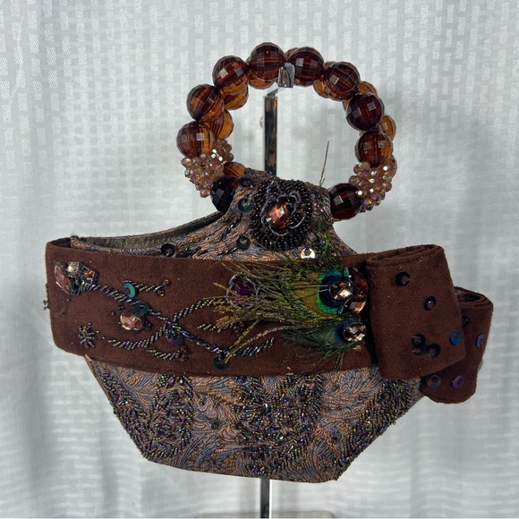 Mary Frances Beaded Embellished Evening Bag w/ Peacock Feather & Beaded Handle - Picture 1 of 10